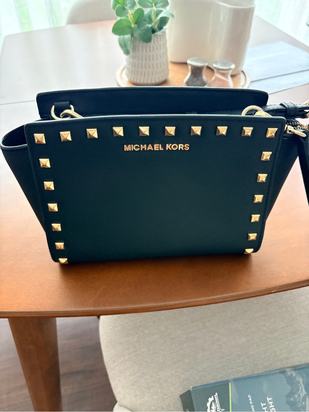 Michael Kors Black Saffiano Leather Crossbody with Gold Studs